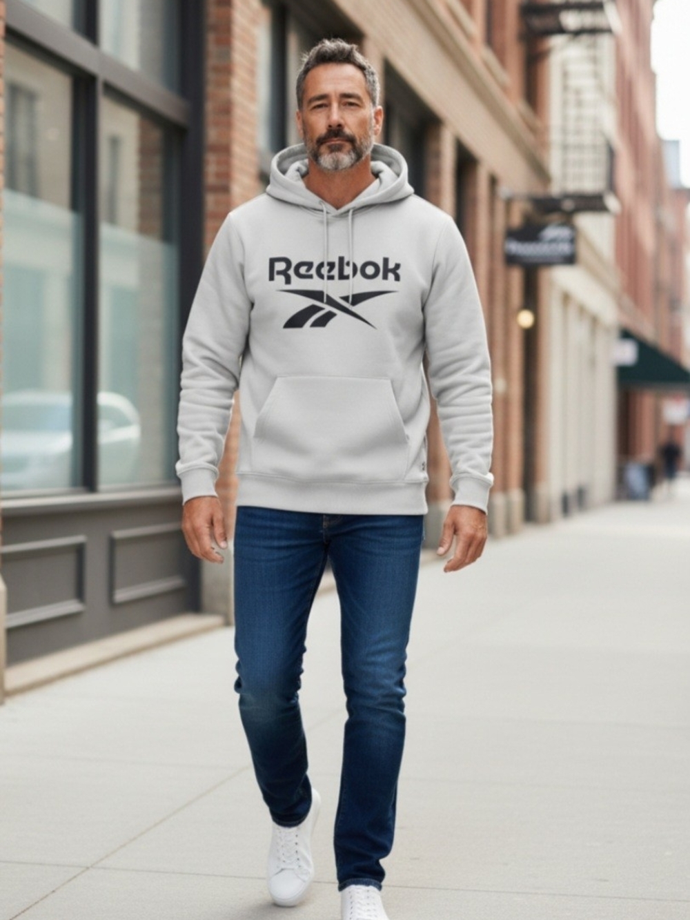 NWT Men's Reebok Grey Fleece Logo Long Sleeve Pullover Hoodie Size L